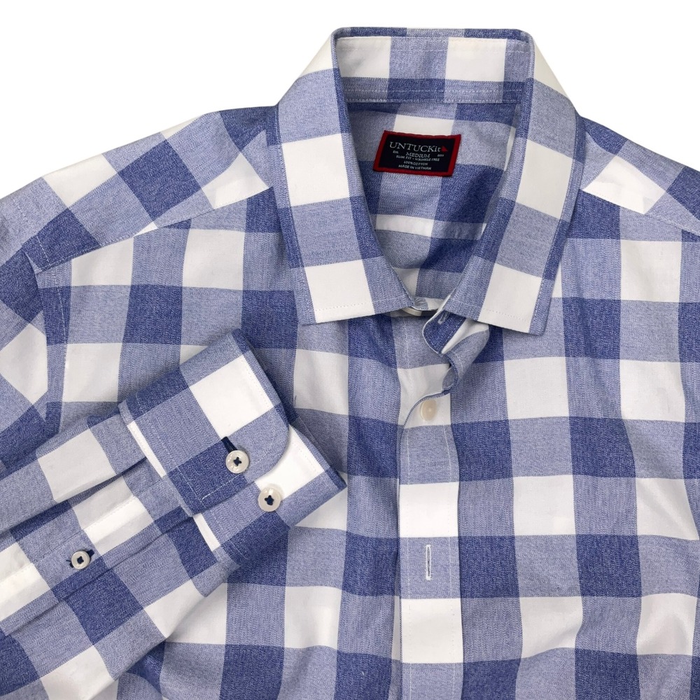 UNTUCKit Rian WF Mens M Blue Gingham Slim Fit Wrinkle Free Preppy Modern Coastal
